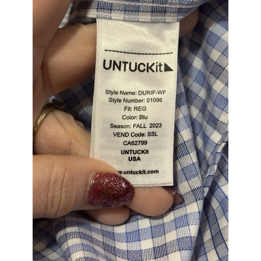UNTUCKit Durif Men's XL Blue Check Button Up Shirt Regular Fit Cotton - Picture 4 of 5